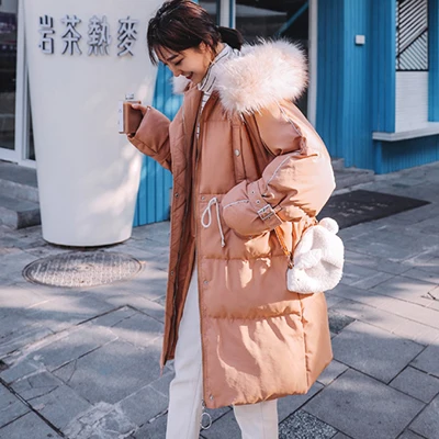 Light Brown Однотонная меховая женская куртка-пуховик с капюшоном, корейский стиль, свободное плотное теплое длинное пальто, женская зимняя парка Harajuku, пальто размера плюс, верхняя одежда - Цвет: Light Brown