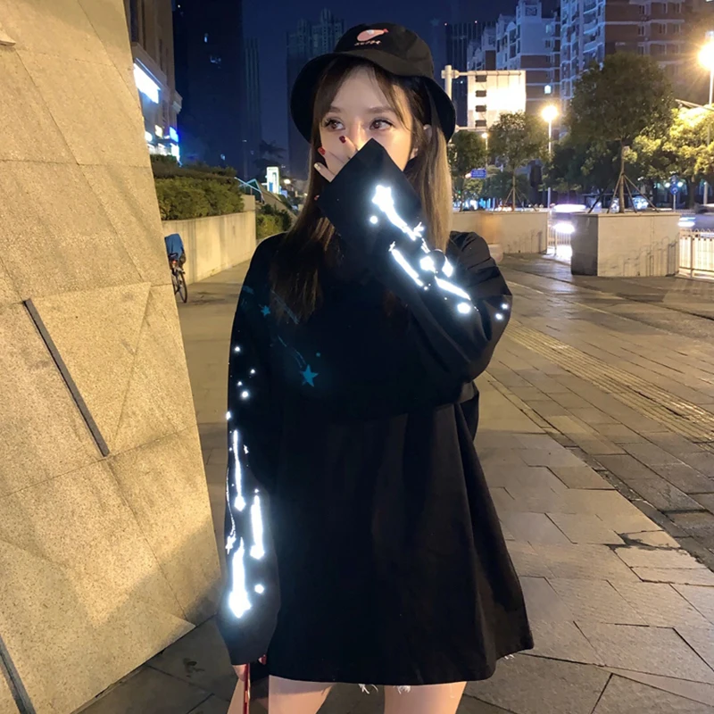 Harajuku светоотражающий принт с длинным рукавом корейская мода Женская одежда roupas