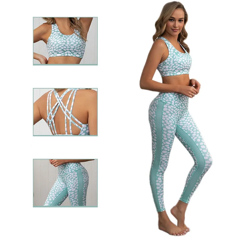

Beauty Back High Waist Hip Lifting Wave Dot Printing Yoga Sports Fitness Women Backless Set Two-piece Yoga Suit Bra And Pants