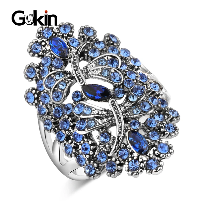 Женское Винтажное кольцо Gukin голубое с полым кристаллом покрытое серебром