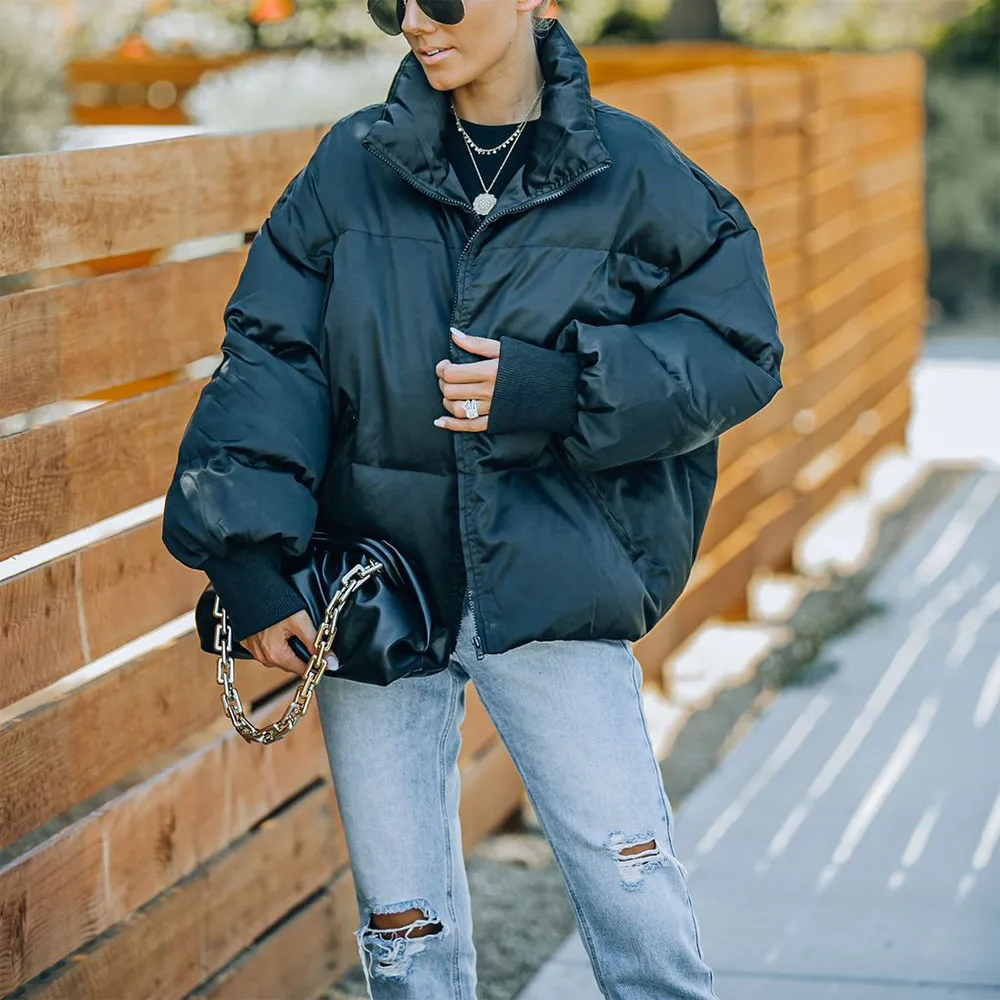 Women's Winter Thicken Stand Collar Parka Coat Solid Color Black Oversized Cotton Coat Loose Warm Elegant Coat Oversized Jacket