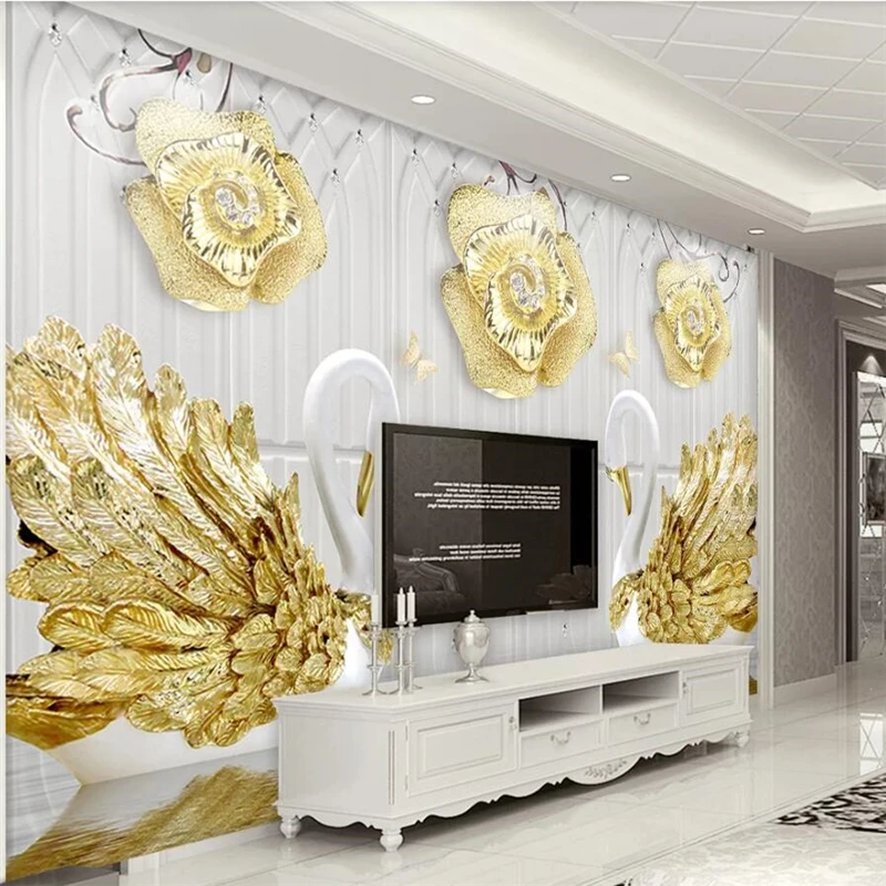 

Beibehang Custom wallpaper 3d mural gold wings studded swan rose flower TV background wall papers home decor 3d papel de parede