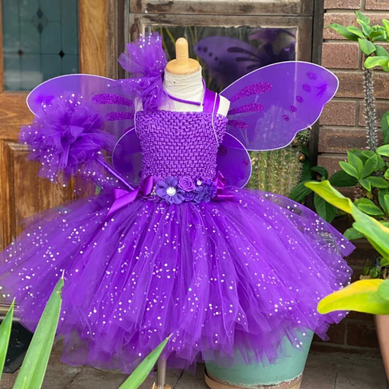 

Girls Purple Glitter Flower Tutu Dress Kids Sequin Tulle Fairy Dress with Hairbow Wing Children Birthday Party Costume Dresses