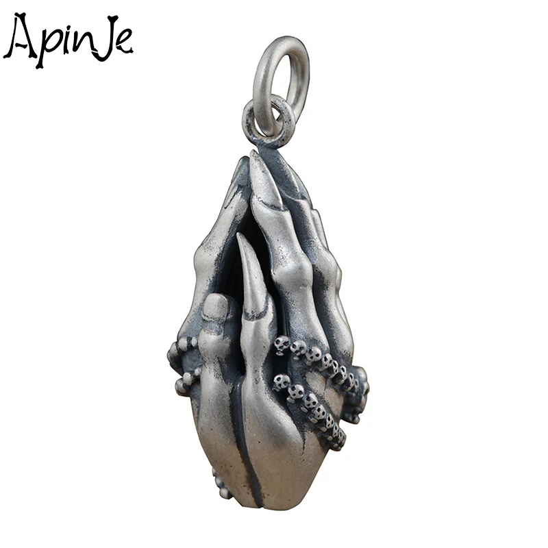 

Apinje Vintage 990 Fine Silver Jewelry The Praying Hands Matte Necklaces Pendant for Men Women Thai Silver Fashion Jewelry