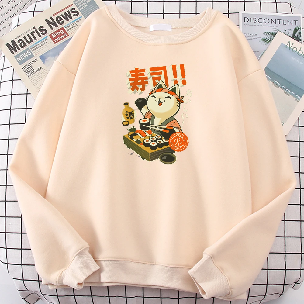 

Men Sweater Cat Eating Sushi With Chopsticks Print Sudadera Male Round Neck Concise Plus Size Hoody Warm Fleece Women Sweatshirt