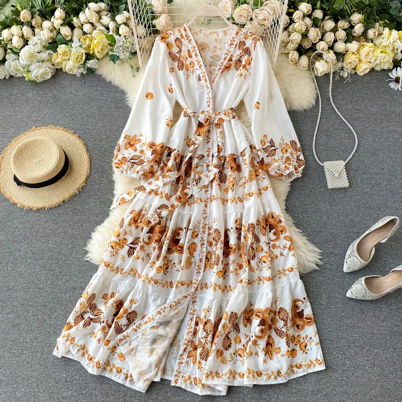 

Royal Prints V-neck Single Breasted Belted Extra Long Dress Women Nationality Prints Long Dress