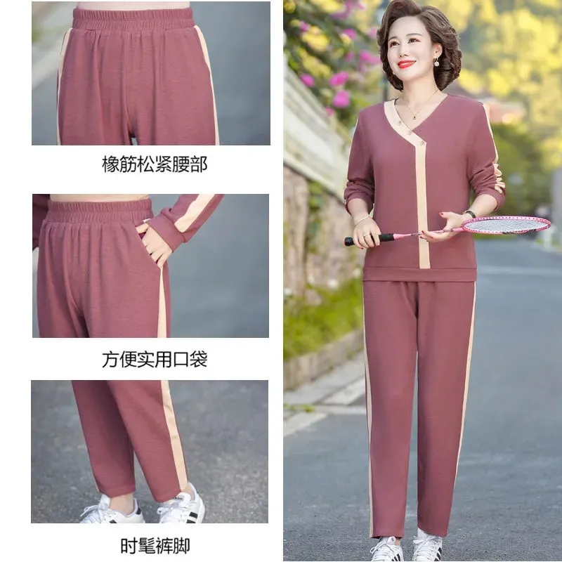 

Spring tracksuit women two piece Fashion V-Neck Button Nine points sleeve top+Elastic waist pants Casual plus size mother sets