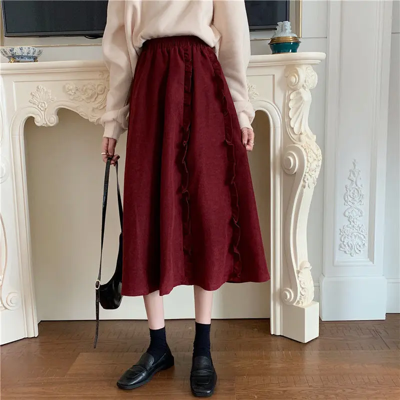 

Spring new women's 2021 new ear edge pompous skirt medium length corduroy high waist covered A-line skirt