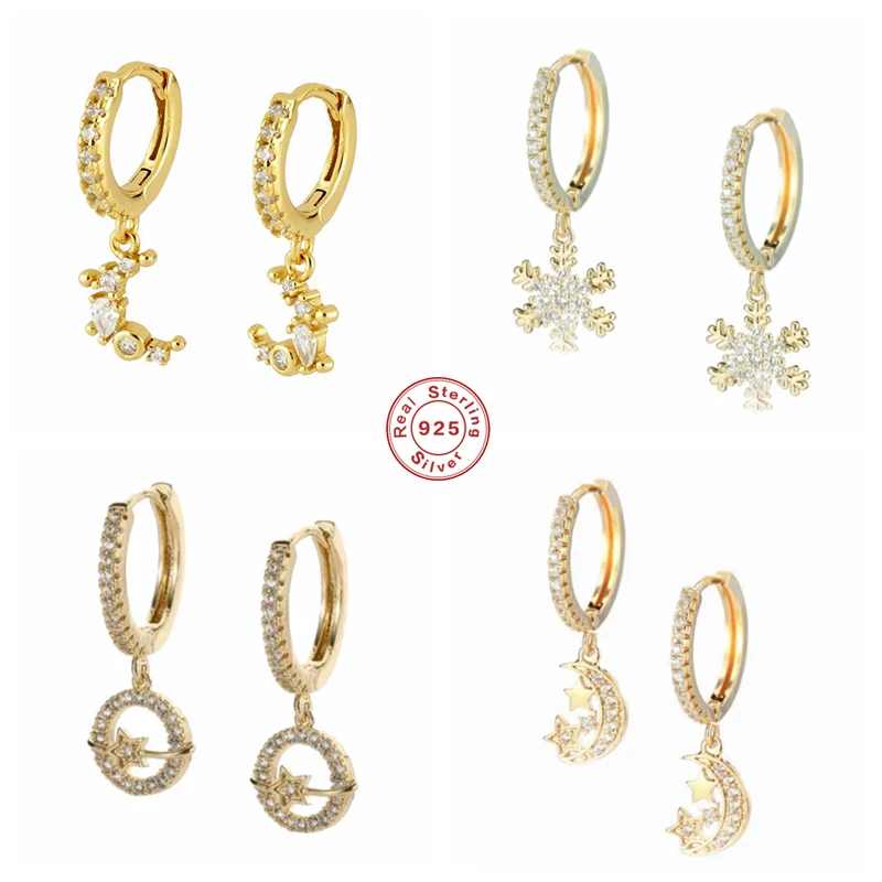 

BOAKO 925 Sterling Silver Gold Moon Star Charm Hoop Earrings For Women Dainty CZ Crystal Snowflake Pendant Hoops Earring Jewelry