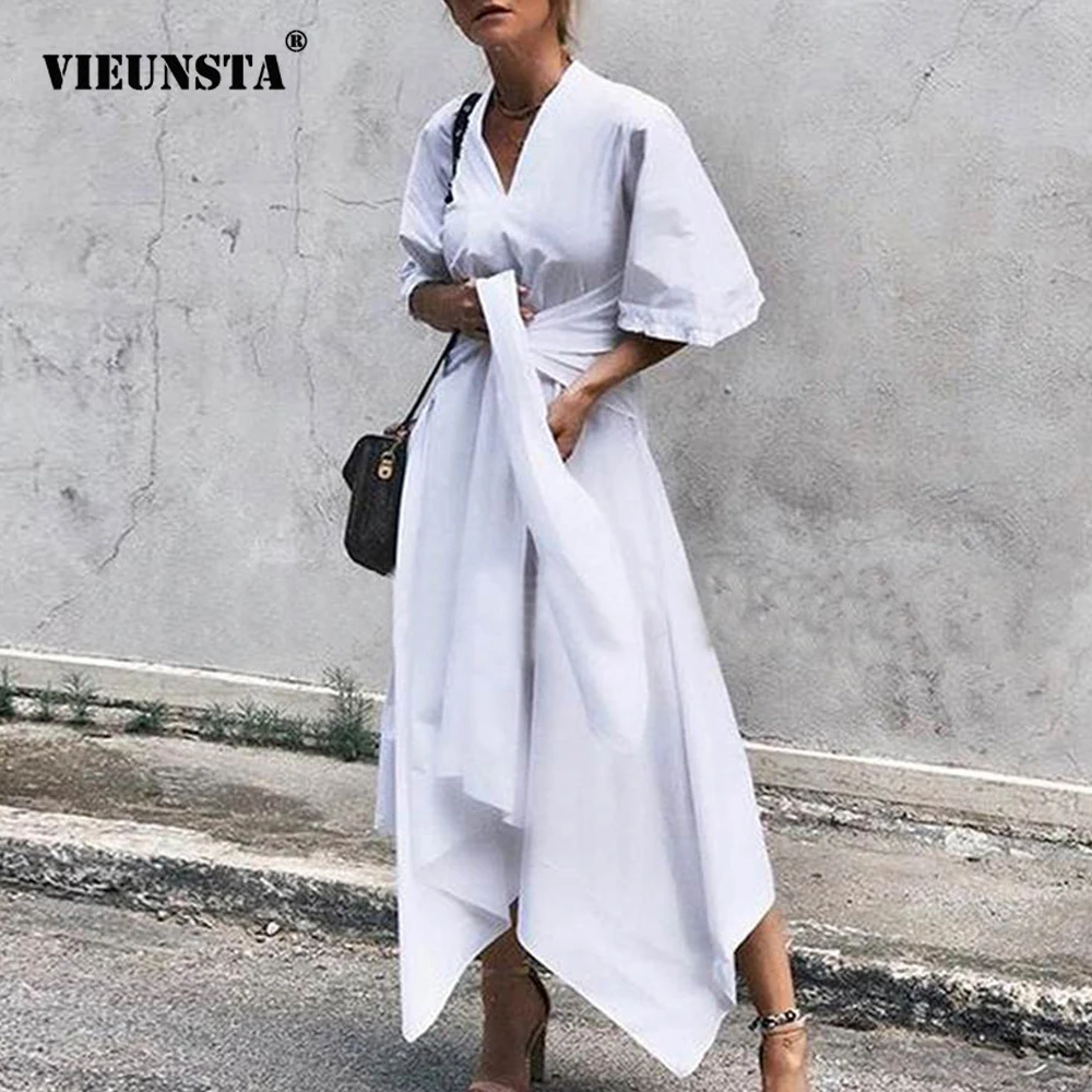 VIEUNSTA, Vestidos, сексуальное платье с v-образным вырезом, Необычные Вечерние Платья, женское осеннее платье с расклешенными рукавами, однотонное платье макси, элегантное женское платье с поясом, 5XL