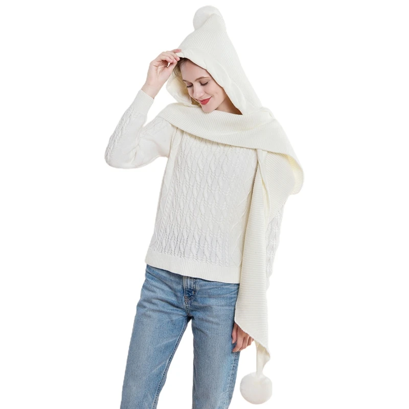 

Women Winter Hooded Hat Scarf Cute Pompom Crochet Knit Shawl Wrap Outdoor Windproof Blanket Earflap Cap Neck Warmer