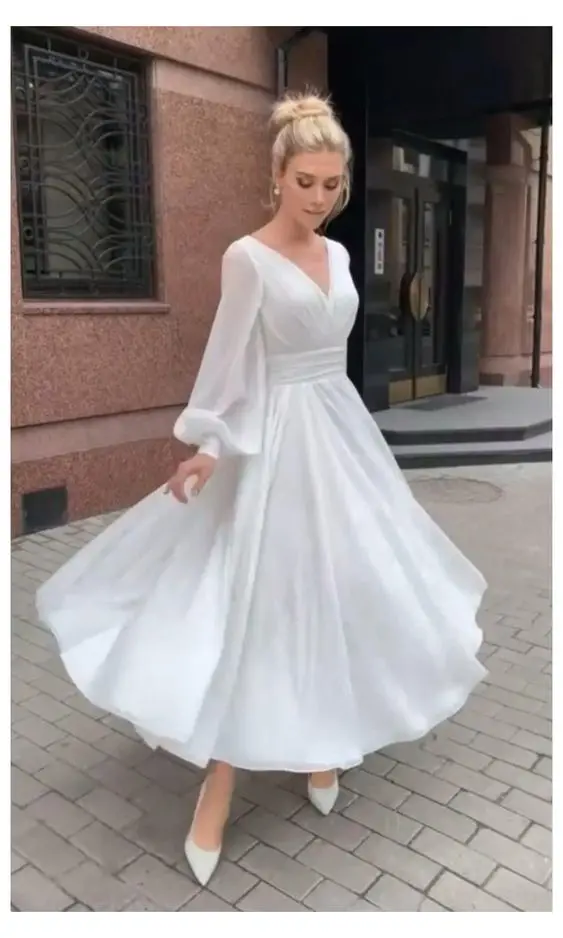 

Hottest Short Wedding Dresses Ankle Length Cummerbund V Neck Long Lantern Bishop Long Sleeves Open Back Little Bridal Gowns 2021