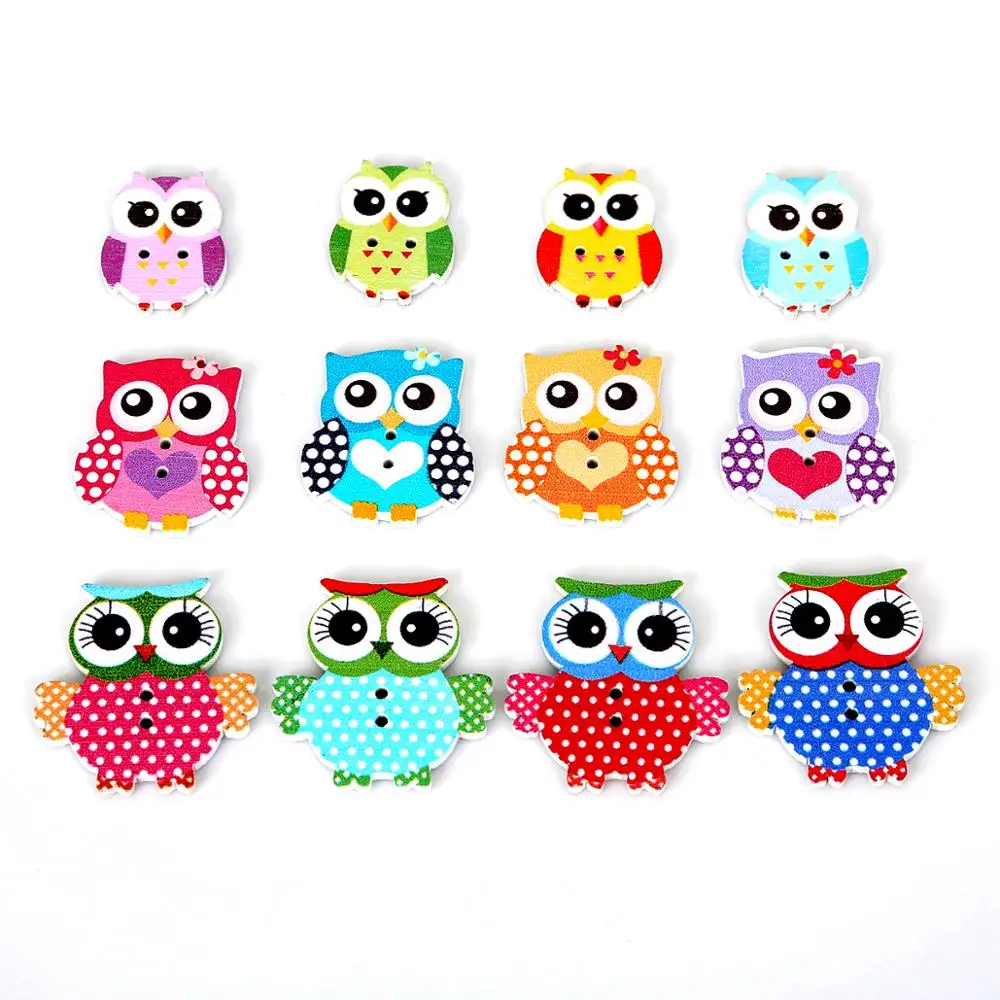 Мульти-размер 50 штук пакет 2 отверстия деревянные Швейные Кнопки Сова