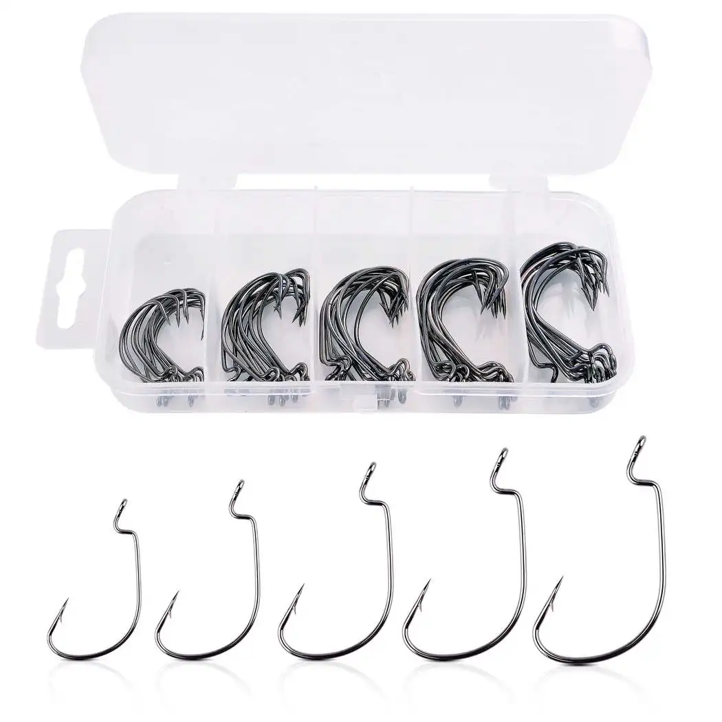 

50pcs Wide Worm Hook Carbon Steel Offset Fishhook Bass Barbed Carp Fishing Hook 3/0#-2# for Soft Worm Lure Hook