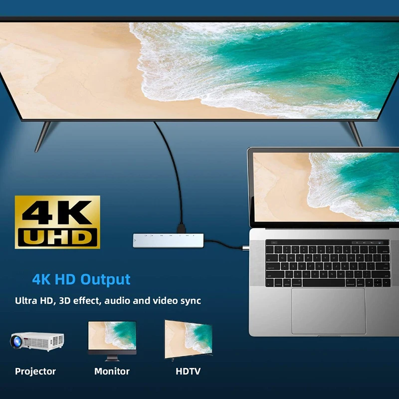 

8 In 1 Hub Type-C to 4K HDMI-compatible USB3.0 SD/TF Card Reader RJ45 Ethernet USB-C PD Power Charge for MacBook Docking Station