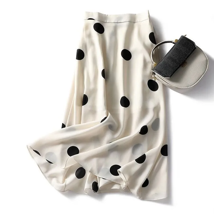 

Skirt women's summer chiffon 2021 high waist loose new a-word skirt long wave point long skirt Ruffles Silk Casual Natural