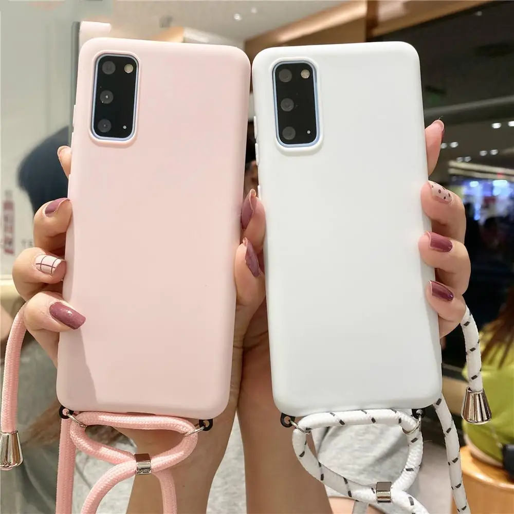 

Lanyard Phone Case For Samsung A9 A8 A7 A6 2018 A7 A5 A750 J2 J4 Core J5 J7 Prime J6 J8 Plus Solid Color Soft TPU Cover