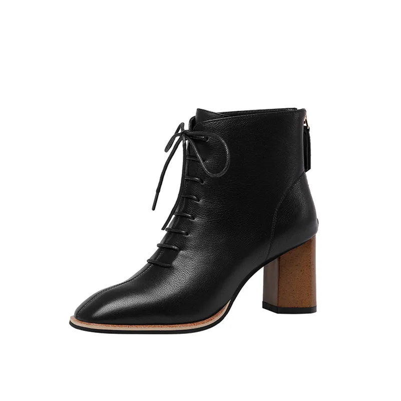 

FOREADA Real Leather Square Toe Ankle Boots High Heel Woman Boots Lace Up Chunky Heel Short Boots Zip Ladies Shoes Autumn Beige