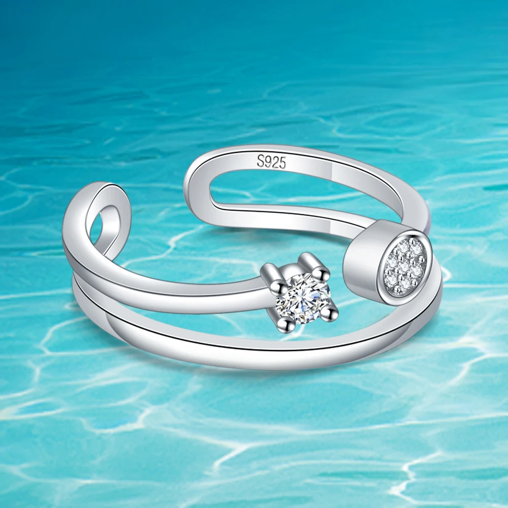 Женское серебряное кольцо с фианитом регулируемое двойным геометрическим