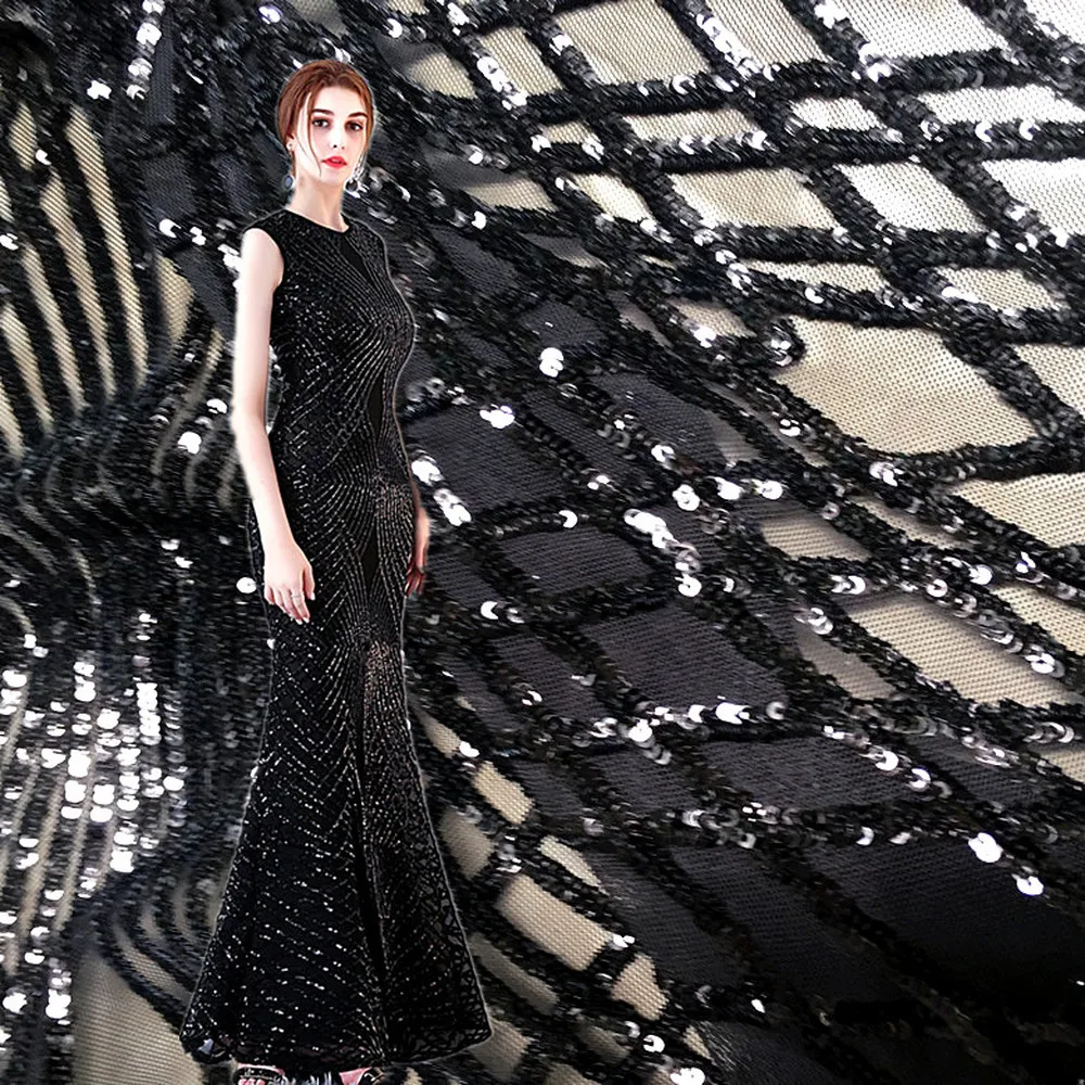 

1 Yard Sequins lace fabric, Diamond shaped Sequin Black Mesh Embroidered fabric For Dress, evening dress lace fabric