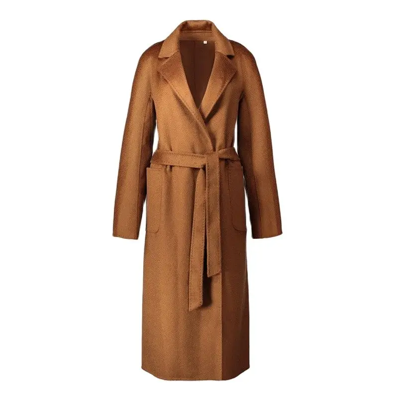 

Women Classic Coat Double-faced Cashmere Woolen Windbreaker Female Wavy Cashmere Long Sleeve Trench