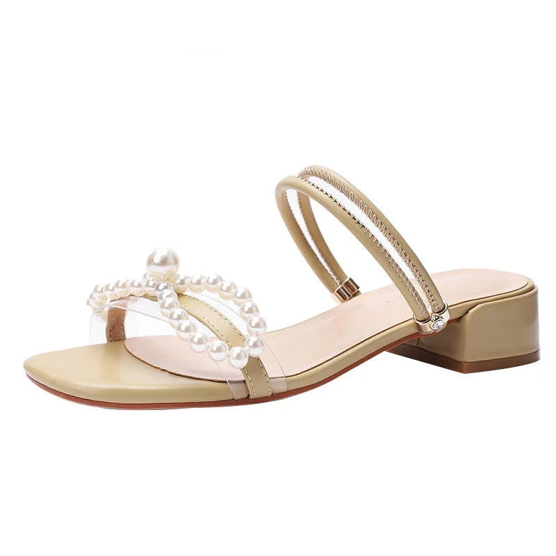 

Fashion 2020 Summer Women's Sandals PU Slip On 3.5CM Thick High Heels Square Toe Beaded Shallow women shoes sandalias mujer 2020