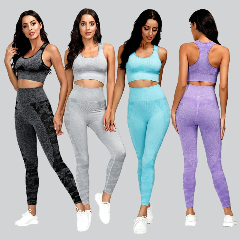 

Seamless Knitted Sports Camouflage Running Bra Set Fitness Trousers Tight Yoga Pants Women's Sexy Stretch High Waist Leggings