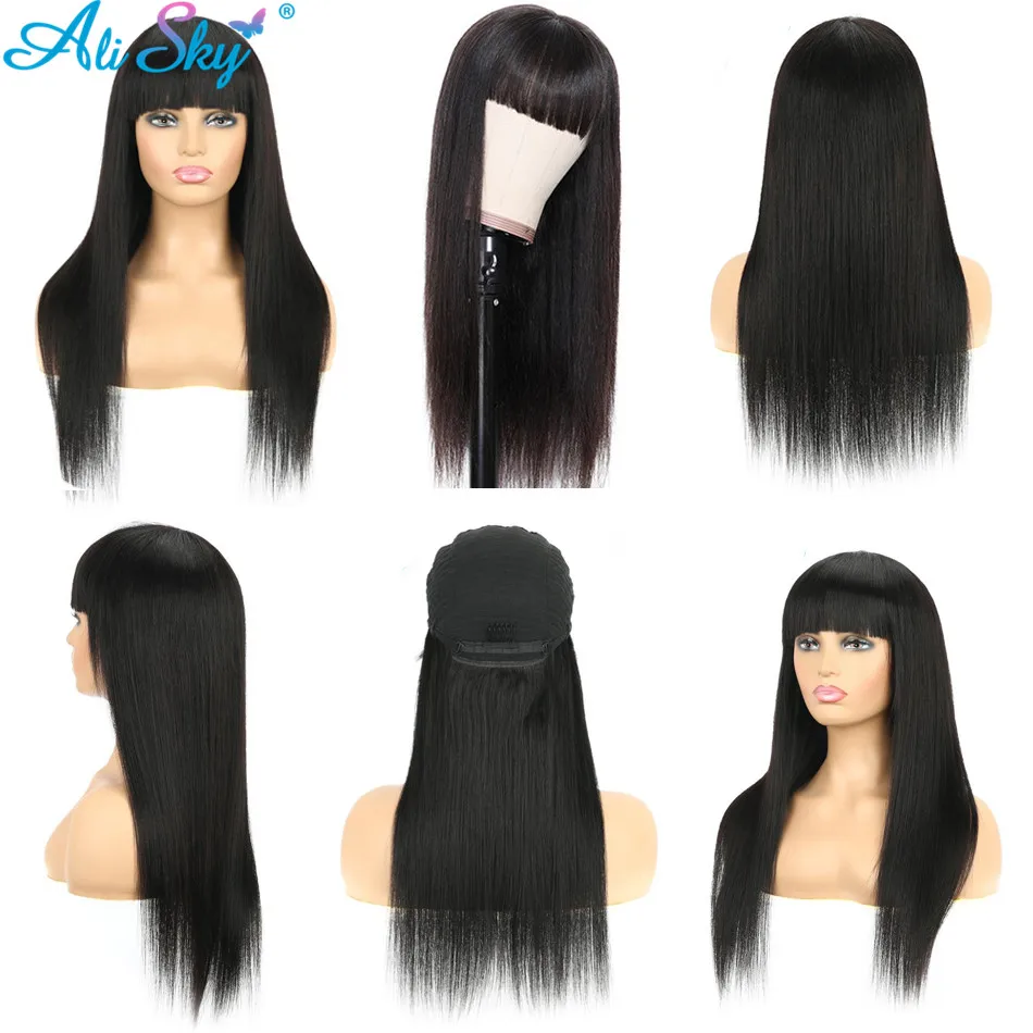 Парик AliSky из прямых человеческих волос с челкой парик полностью машинной работы