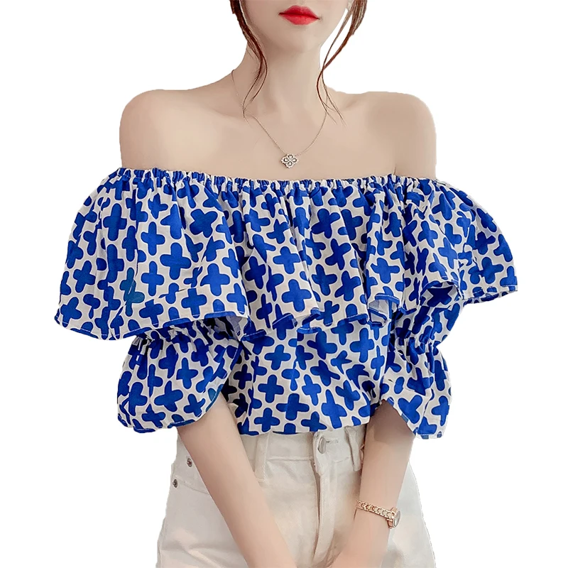

2021 Fashion Women Summer Casual Loose Print Ruffles Blouses Fashion Chic Sexy Slash Neck Flare Sleeve Korean Top Shirt