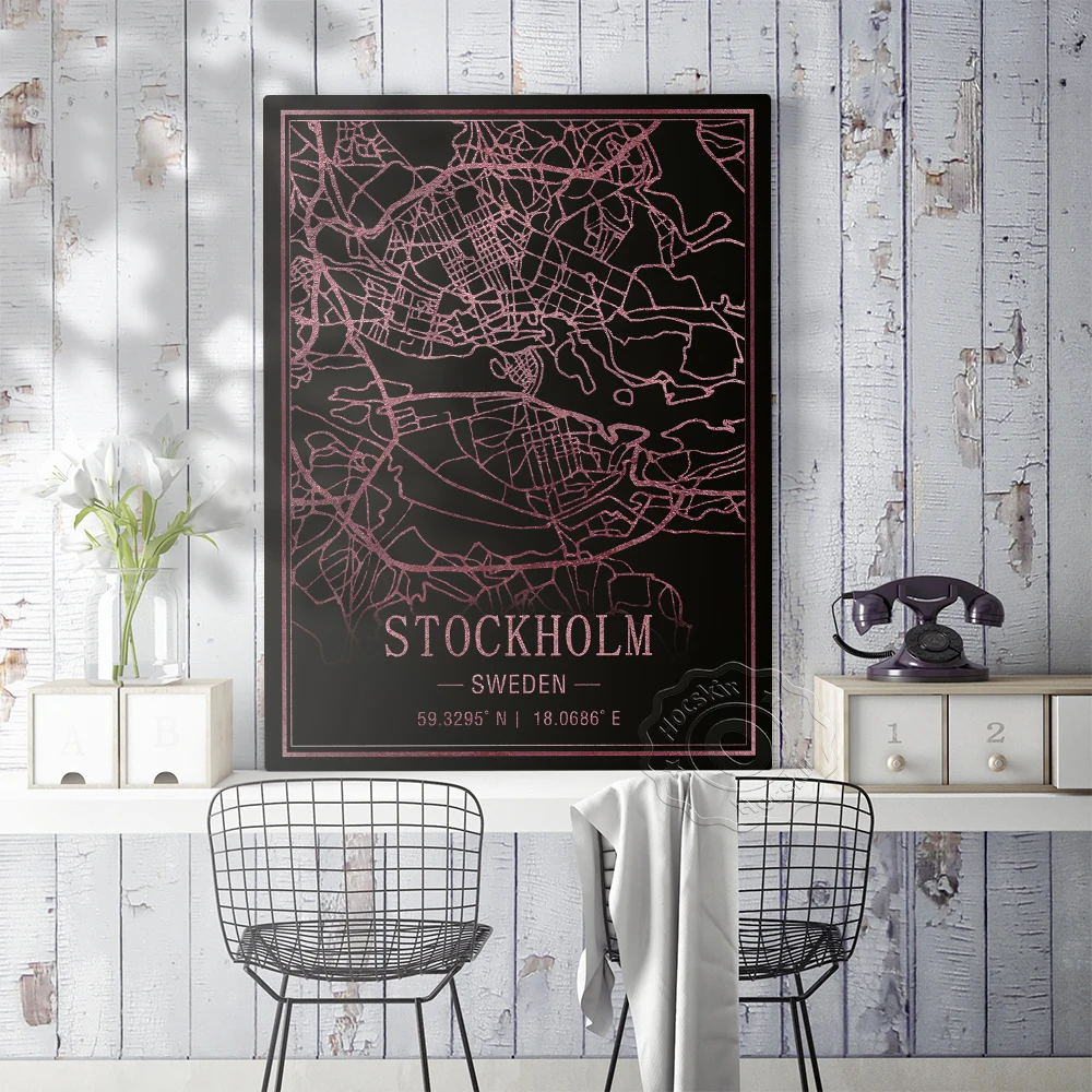Стокгольм Швеция Карта Декор Плакат Мира Путешествия Настенная Черный Фон