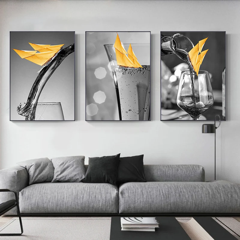 Современные черно желтые Винные бокалы лодки плакаты и принты Картина на холсте