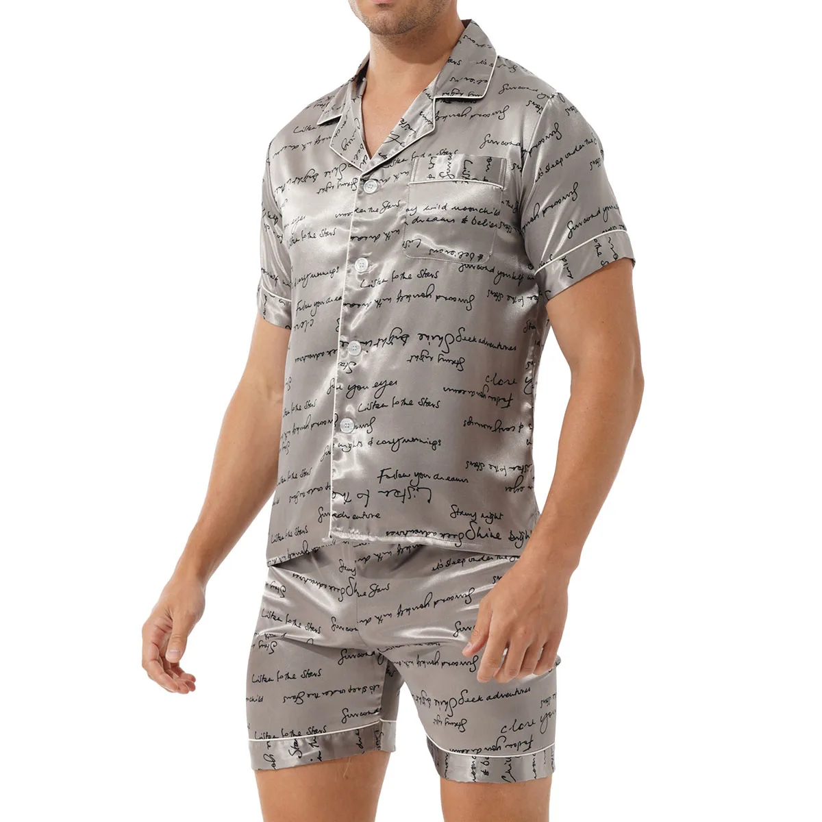 2Pcs Men's Short Sleeve Satin Pajama Set with Shorts Turn-Down Collar Classic Sleepwear Loungewear