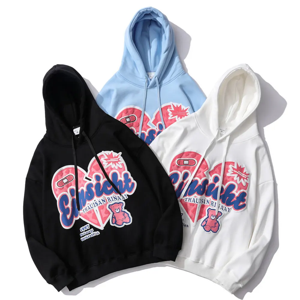

2021 Hoodies for Men Warm Fleece Inside Foaming Letters Heart Harajuku Streetwear Oversized Women's Sweatshirt Clothing