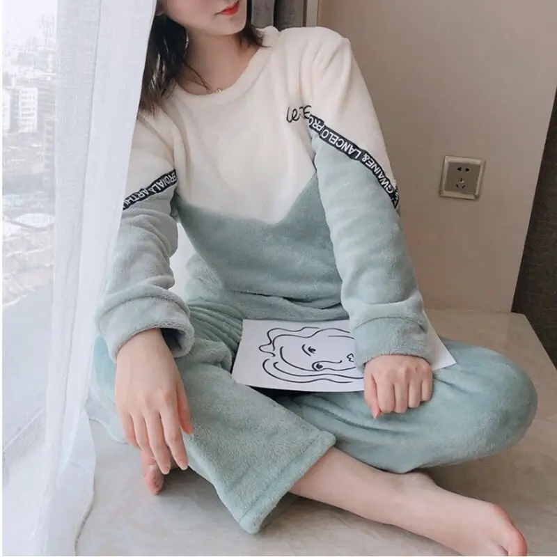 

Женская теплая Фланелевая пижама, зимний пижамный комплект из двух предметов с длинными рукавами и брюками, Фланелевая пижама с животными