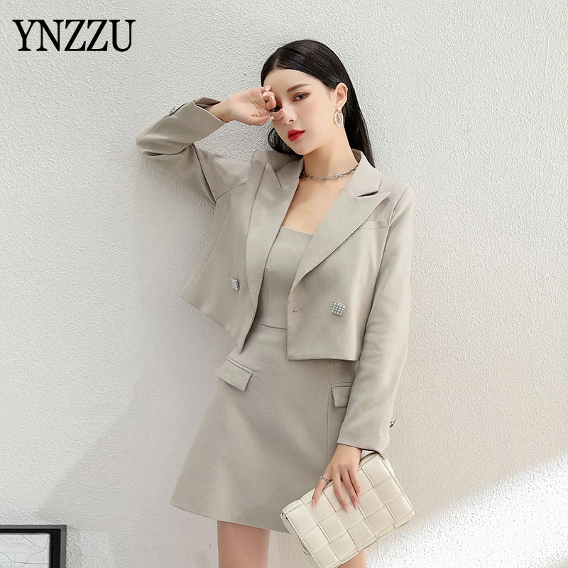 

Fashion Two piece set Women Solid Long sleeve Short Blazer jacket 2021 New Spaggetti strap drss Mini dress Suit Sexy YNZZU 1O011