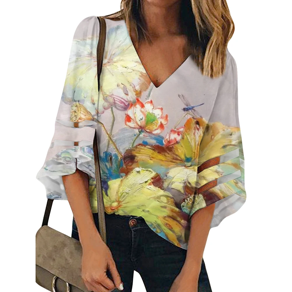 

Blusas Womens Plus size Casual suits loose print lotus Elegant Summer New Tops Lace Half Sleeve Chiffon Chinese-style Lotus
