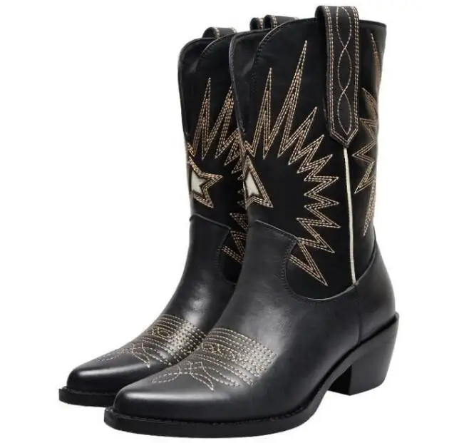 

BONJEAN Runway Leather Ankle Boots Punk Style Embroidery Thick Heels Woman Shoes Black White Riding Boots