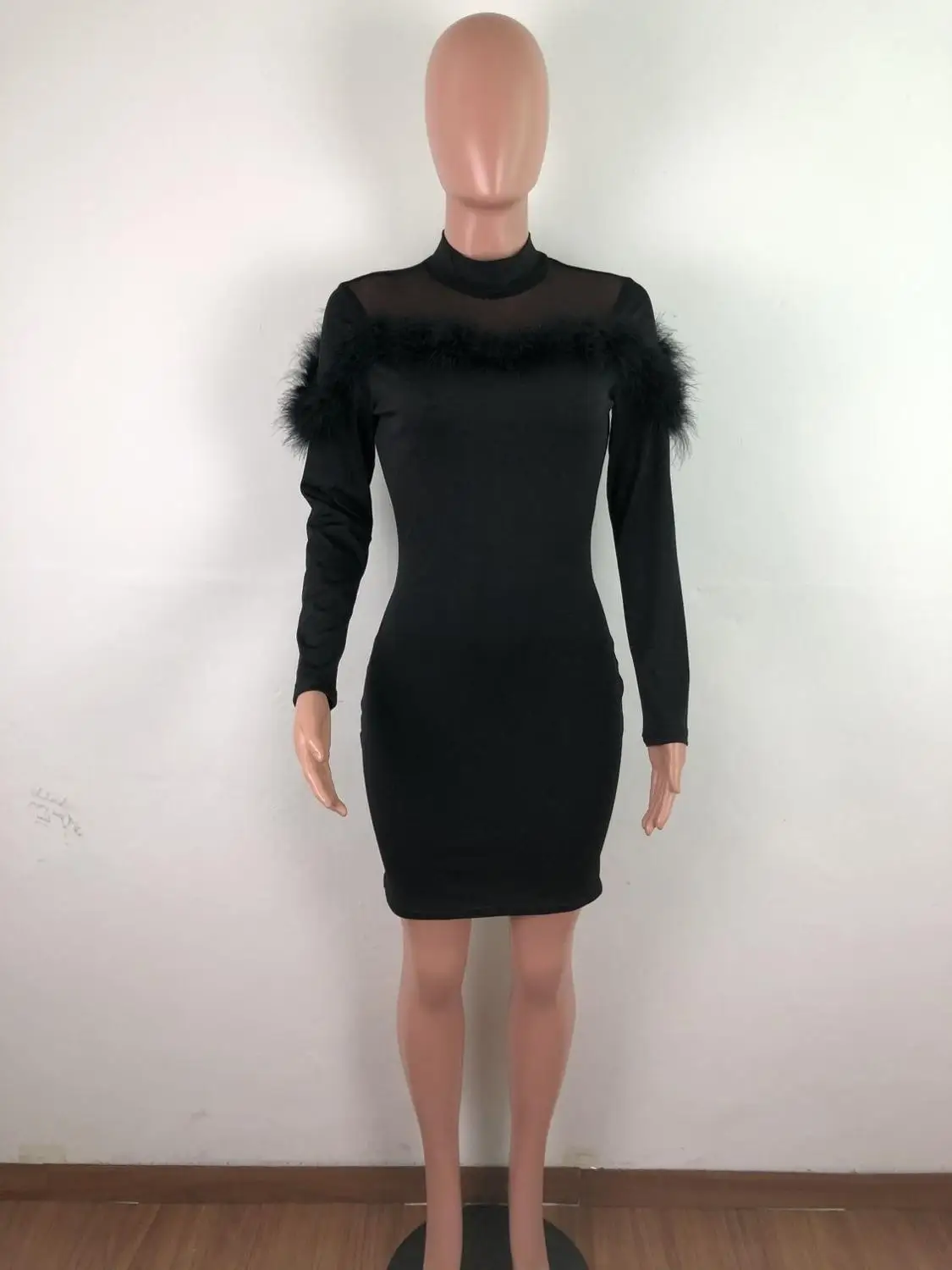 

Women Winter Fall Turleneck Full Sleeve Mesh See Through Dress Sexy Night Club Bandage Party Feather Elegant Bodycon Dresses 2XL