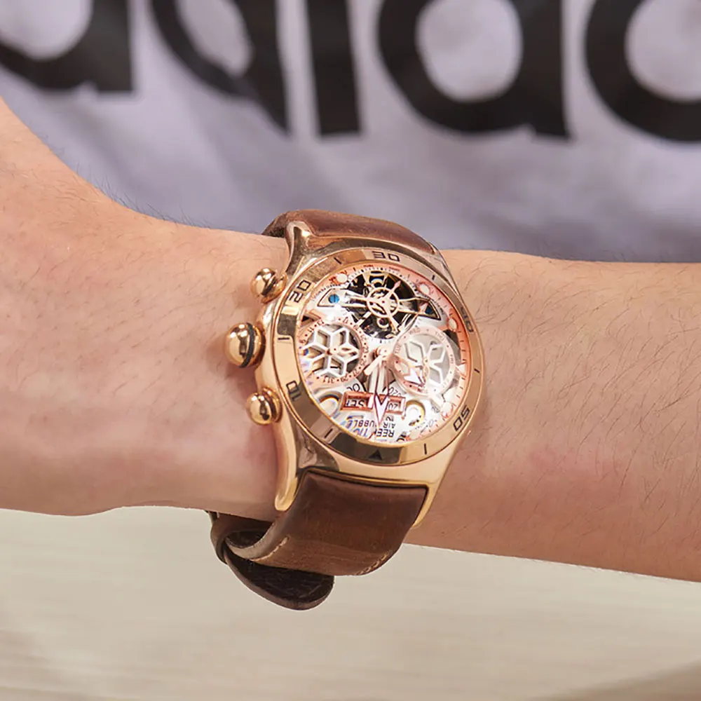 Reef Tiger/RT роскошные золотые мужские автоматические часы с каркасом Tourbillon кожаные