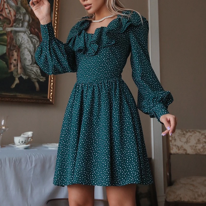 

2021 Autumn Ruffled Polka Dot Print Dress Long Sleeve Women A Line Office Dress Slim Short Green Red Party Vestidos Femme New