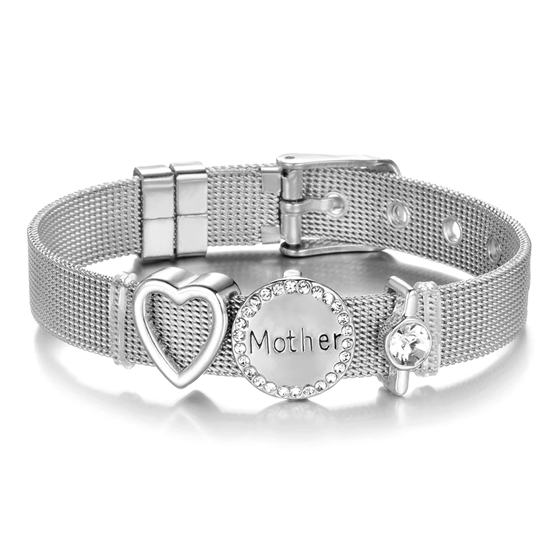 Silver Color Высококачественный сетчатый Браслет из нержавеющей стали, очаровательный брендовый браслет с кристаллами для мамы, для женщины, жена мать, подарок на день - Окраска металла: Silver Color
