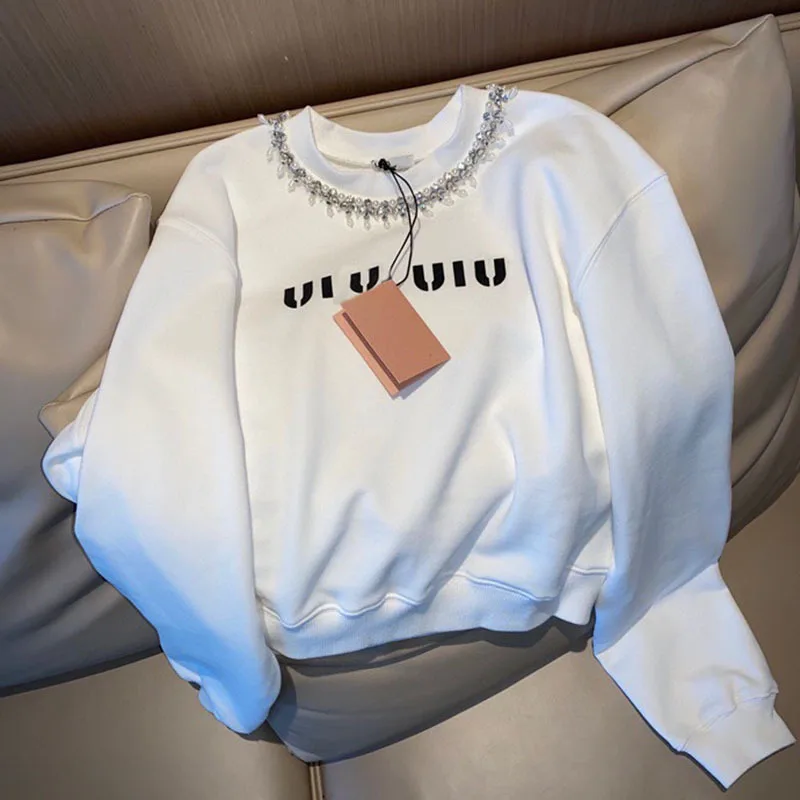 

2021 Female Loose High Street Cotton Pullovers Women Autumn New Fashion Solid Color Letter Print Diamond Sweatshirt Ladies Tops