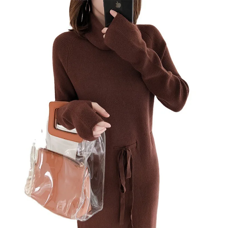 

Winter Thick Turtleneck Sweater A-line Dress Women Lace Up Knitted Pullover Long Sleeve Dress Female Knitwear Soft Vestidos