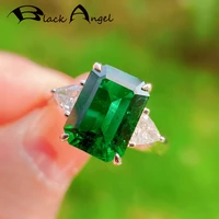black angel 925 silver simulation emerald ring tourmaline gemstone new princess square party temperament ring female jewelry