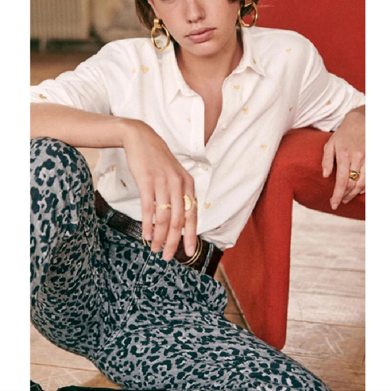 

2021 Women Cotton Blouse Ladies Tops with Buttons Full Sleeve Turn Down Collar Gold Thread Embroidery Love Print Sweet Outfit