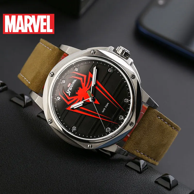 DISNEY Marvel Брендовые мужские часы Человек-паук мужские спортивные мужские кварцевые часы наручные часы с кожаным ремешком часы 50 м водонепроницаемые