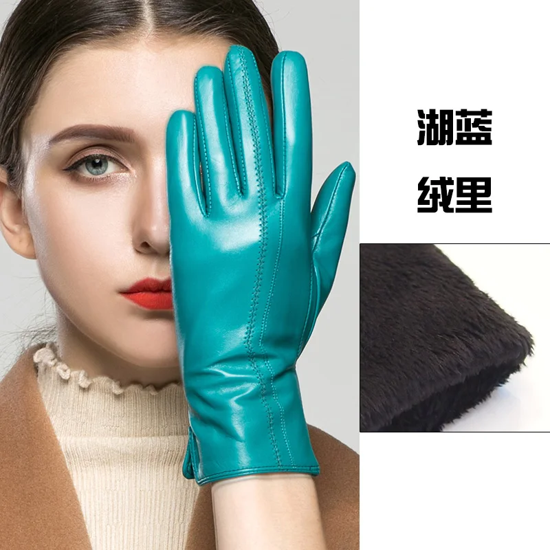 lake blue velvet Перчатки из натуральной кожи женские зимние тачскрин могут быть дополнительно бархатные утепленные высококачественные кожаные женские перчатки из козьей кожи K33 - Цвет: lake blue velvet