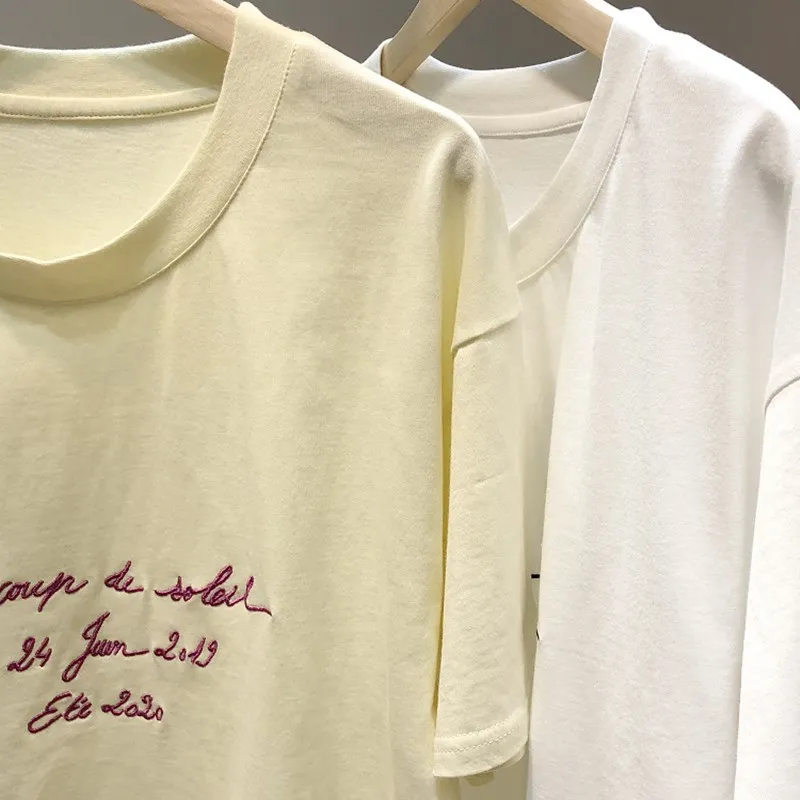 

Women Summer Casual Letter Embroidery Cotton Short Sleeve T-Shirt Female O-Neck Oversize White Tees Lovers Plus Size Tops ML60