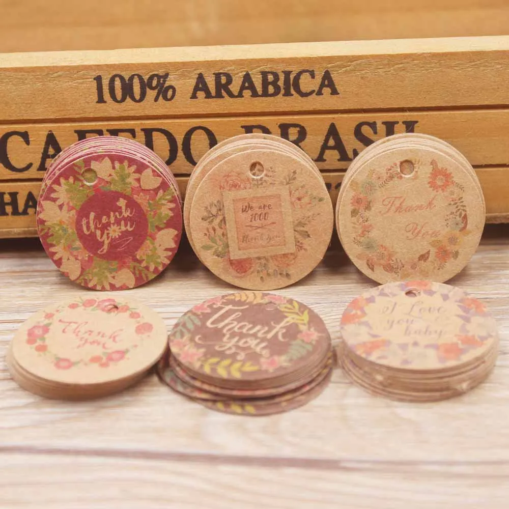 200pcs tag+200pcs string rose printing paperboard tag cute design price label jewelry display cards round white/kraft paper | Украшения и