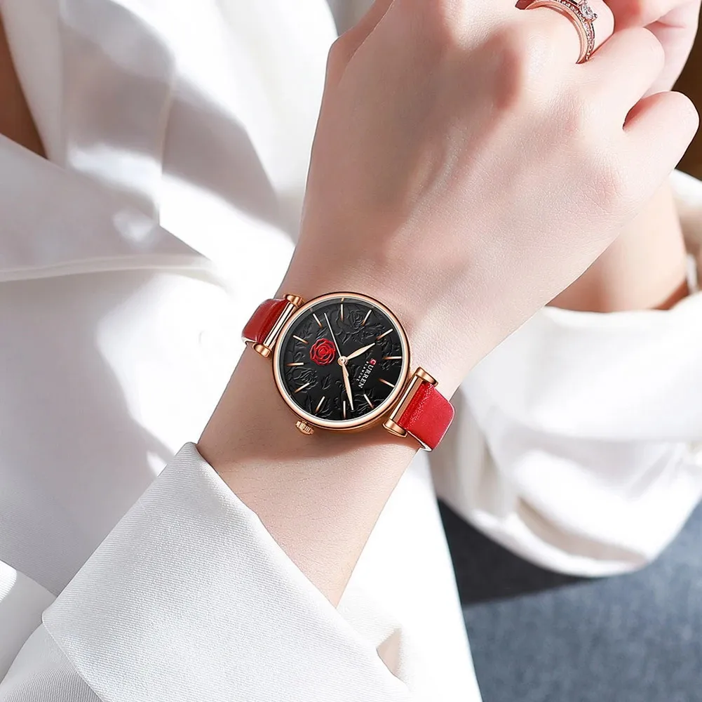 

CURREN Red Watches for Women Charming Flowers Dial Quartz Wristwatch Ladies Leather Clock